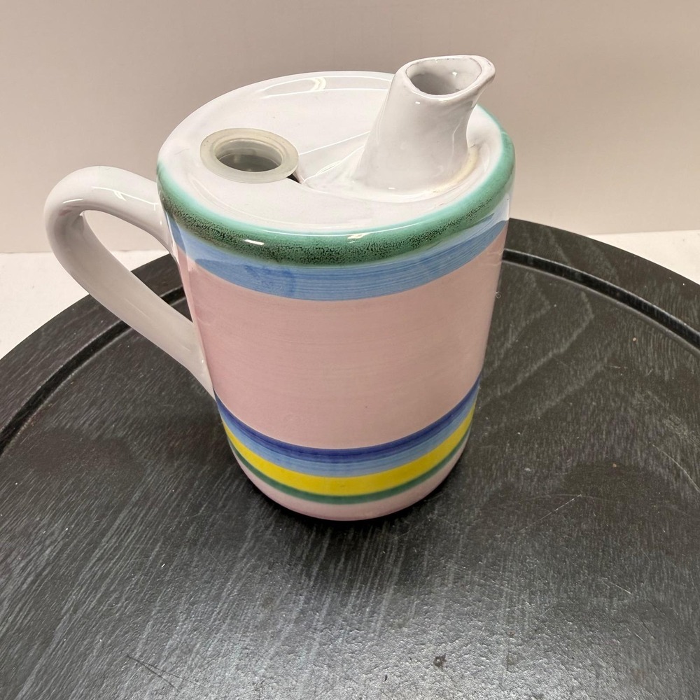 VTG Caleca Italy Hand Painted Ceramic olive oil Pitcher Stripes Spout Lid signed - Picture 8 of 8